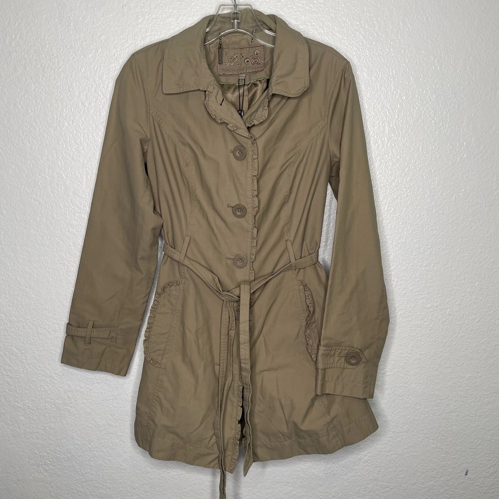 Rocha John Rocha Tan Khaki Ruffle Trim Belted Trench Coat Jacket Womens Size 12